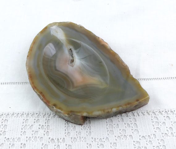 Vintage MCM Sliced Polisher Veined Blue Gray Agate Nodule Ashtray, Retro Stone Geode Ash Tray, Round Mineral Ring Trinket Dish from France