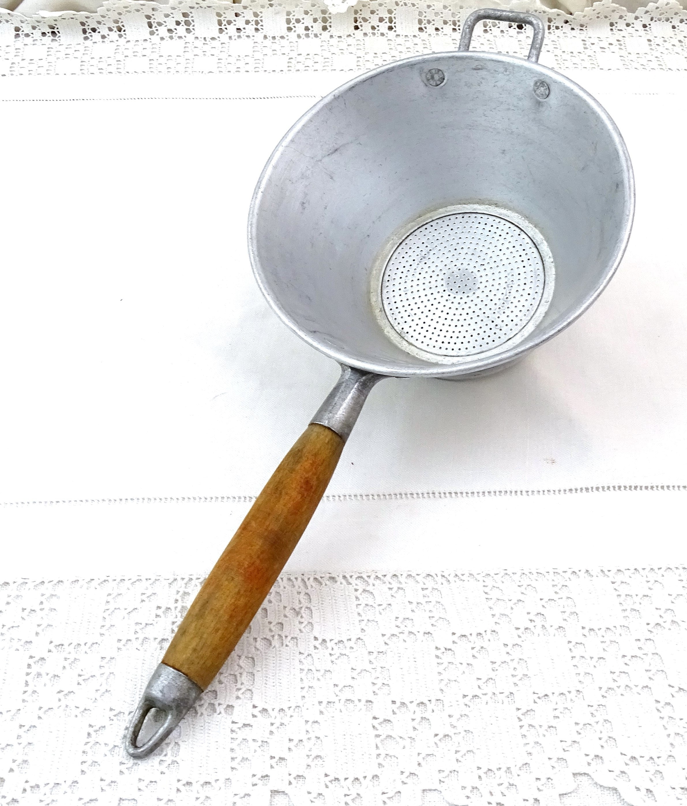 Vintage French White Metal Kitchen Strainer / Colander with Wooden