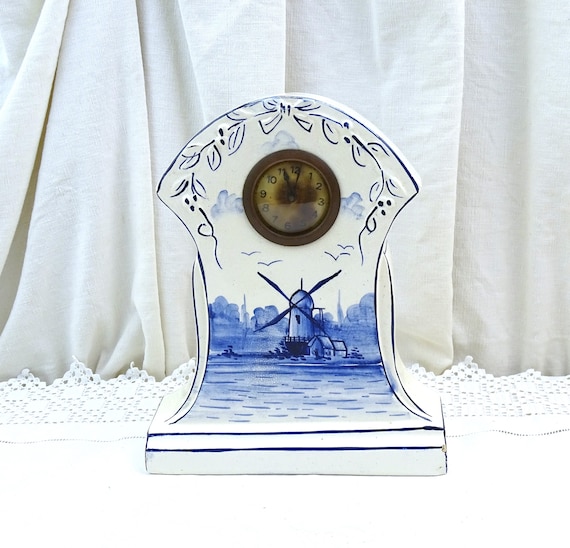 Antique Blue and White Ceramic Delft Style Mantle Clock in Non Working Condition, Vintage Pottery Timepiece from Holland with Windmill