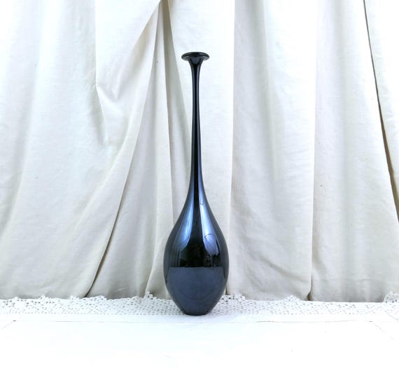 Tall Vintage Studio Glass Tall Necked Black Dark Blue Metallic Colored Bud Vase, Retro Minimalist Flower Vessel, Statement Piece Dark Color