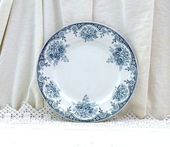 Antique French Ironware Plate by Sté Amandinoise Pompadour Pattern in Teal Blue, Vintage Ironstone Crockery France, Brocante Wall Decor