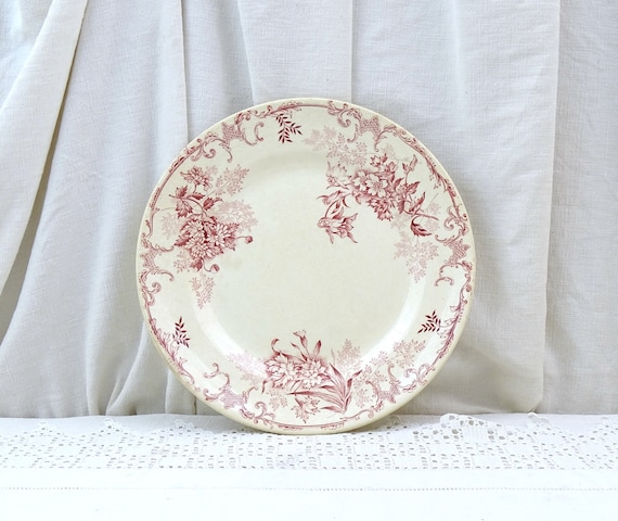 Antique French Ironware Plate by Choisy Le Roi with Flower Pattern in Marron Red Blue for H Boulanger, Vintage Ironstone Crockery France