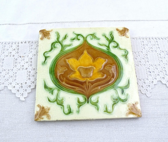 Antique English Art Nouveau Majolica Wall Tile in White Green and Brown Glaze, Vintage Victorian 1800s House Decor Splash Back from England