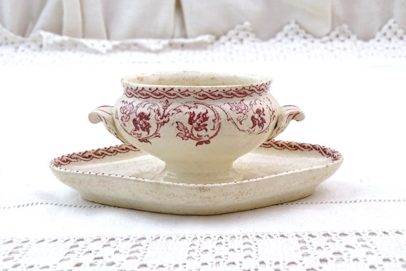 Small Antique French Sauce Dish with Dark Red Pattern, Vintage Ironware Style Gravy Boat, Old Style Victorian Tableware Crockery from France