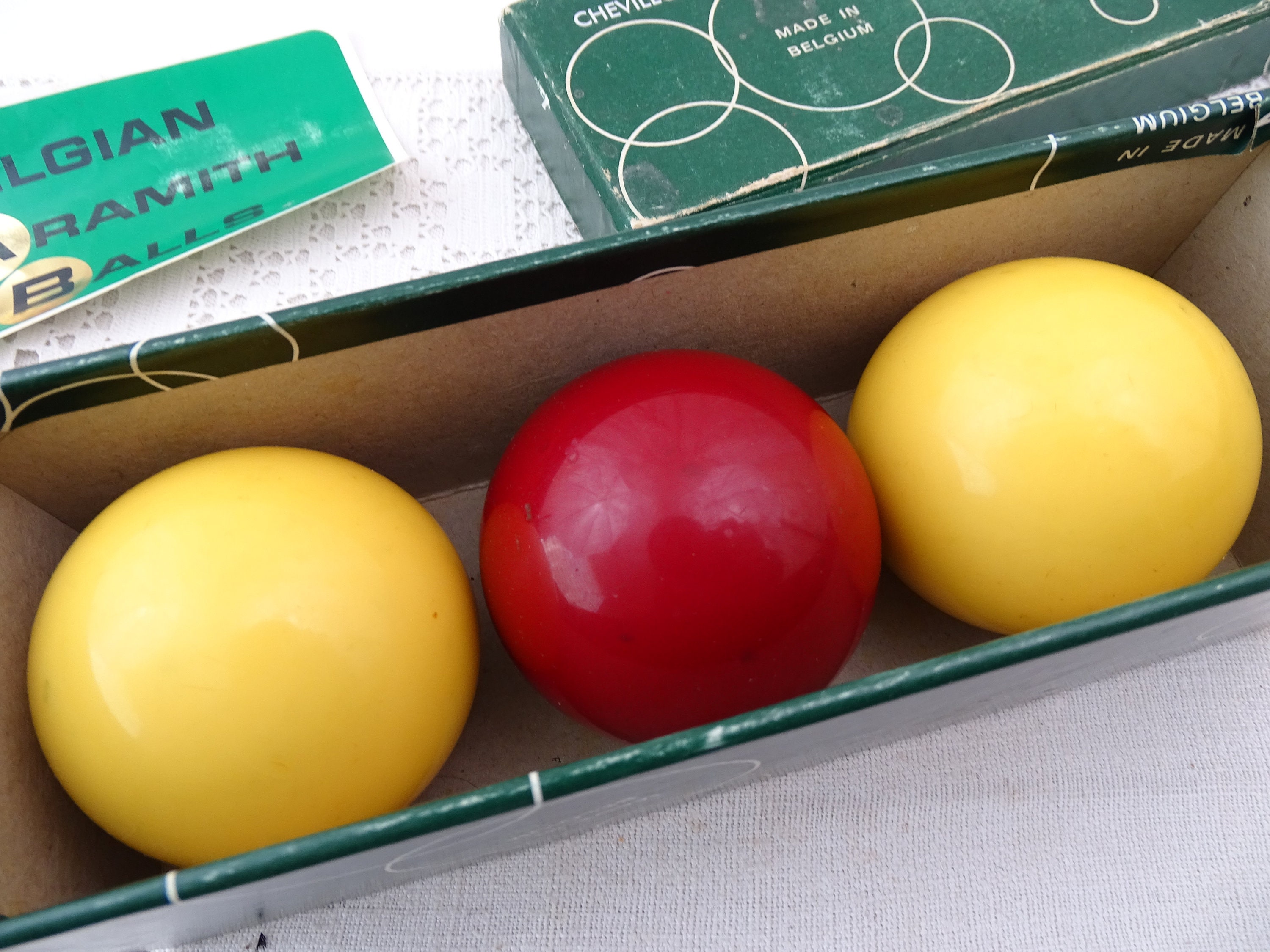 Set of 3 Vintage Belgian Aramith Balls made in Belgium with Original