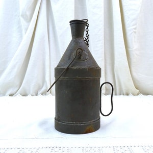Small Antique French Tin Metal Motorcycle Gas Can with Carrying Handle, Retro Car Petrol Container, Old Style Curio Metal Bottle from France