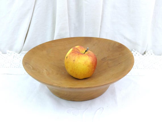 Vintage French Turned Wooden Fruit Bowl with Natural Patina, Retro Country Farmhouse Kitchen France made of Wood, Primitive Cottage Decor