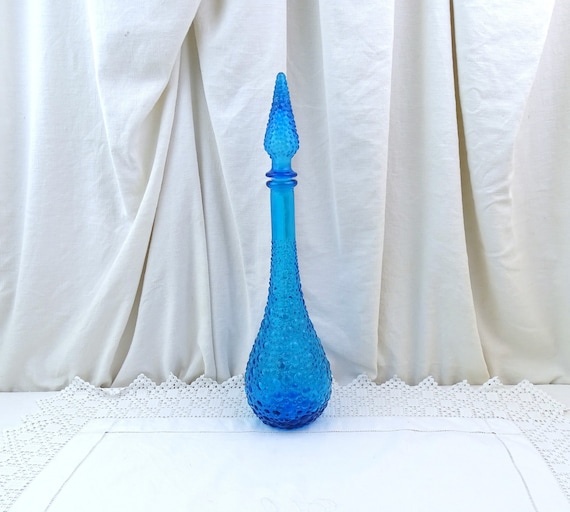 Large Tall Vintage Italian Empoli Style Mid Century 1960s Blue Glass Genie Bottle  Floor Decanter with Stopper, European Glassware Carafe