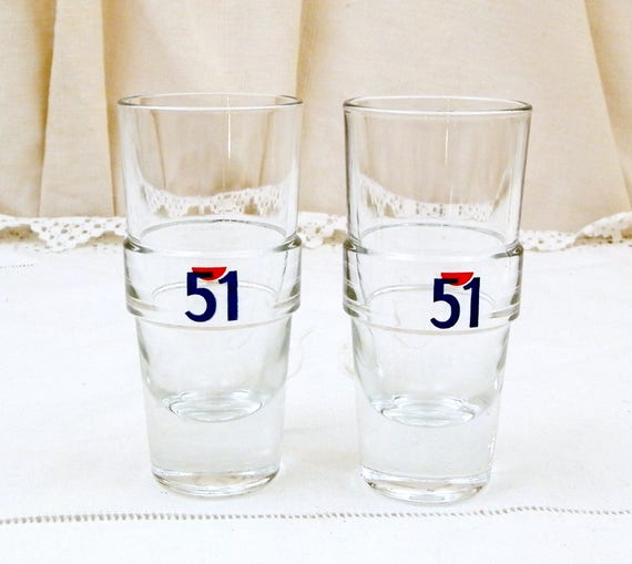 2 Vintage French Pastis 51 Glasses, Pair French Aperitif Glasses