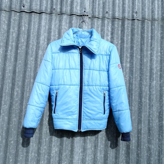 Vintage French 1970s Ski Snow Jacket in Pale Blue and Pointed Collar, Retro Winter Coat France, Cold Weather Clothing