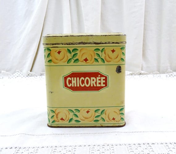 Vintage French Chicoree Canister Metal Box Pink Rose Flower Pattern, Retro Country Farmhouse Kitchen Decor France, Old Style Cottage Tin