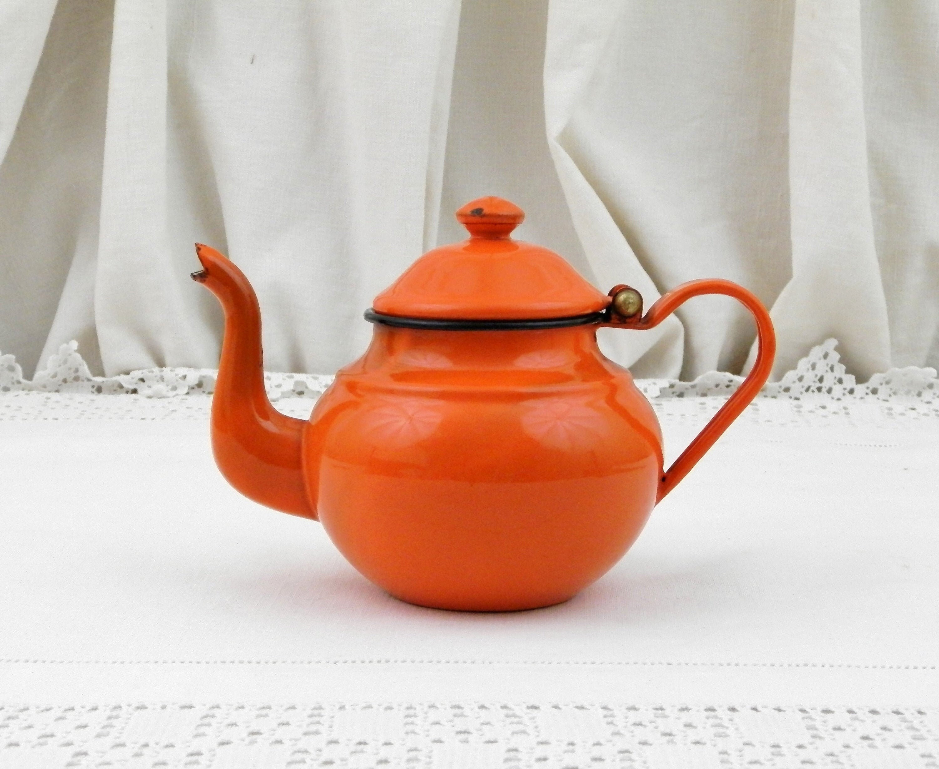 Small 1960s Vintage Bright Orange Enamel Tea Pot with Goose Neck Spout