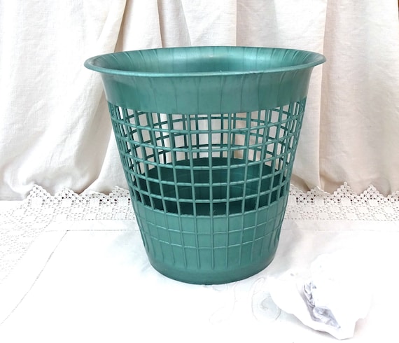 Vintage French Mid Century Metallic Teal Blue Plastic Office Trash Can, Retro 1950s /1960s Garbage Bin From France, Old Style Desk Accessory