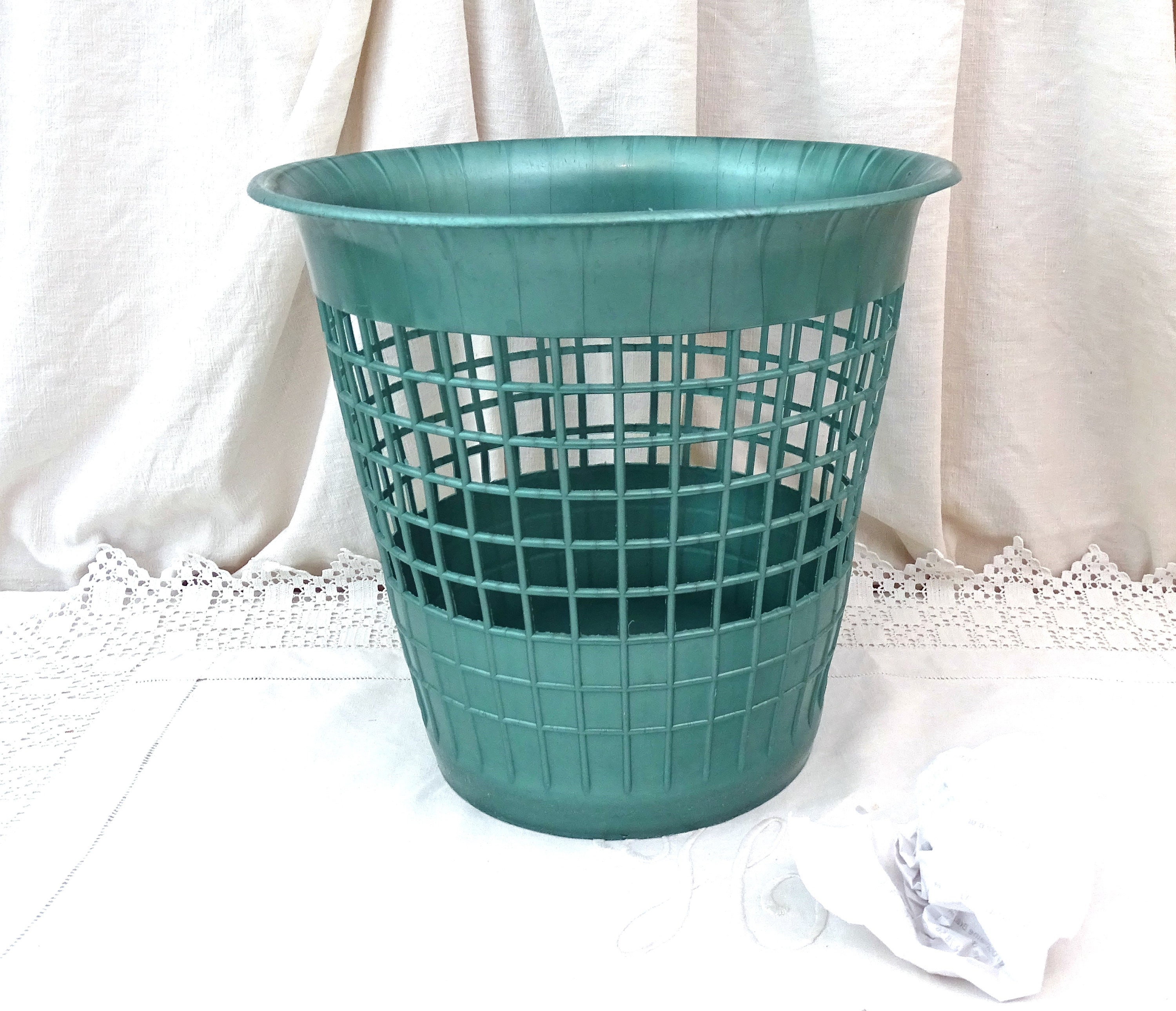 Vintage French Mid Century Metallic Teal Blue Plastic Office Trash Can,  Retro 1950s /1960s Garbage Bin From France, Old Style Desk Accessory