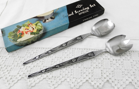 Vintage 1960s Boxed Set of 2 Stainless Steel Salad Serving Set with Tulip Flower Pattern, Retro 60s Dinner Party Accessory from France,