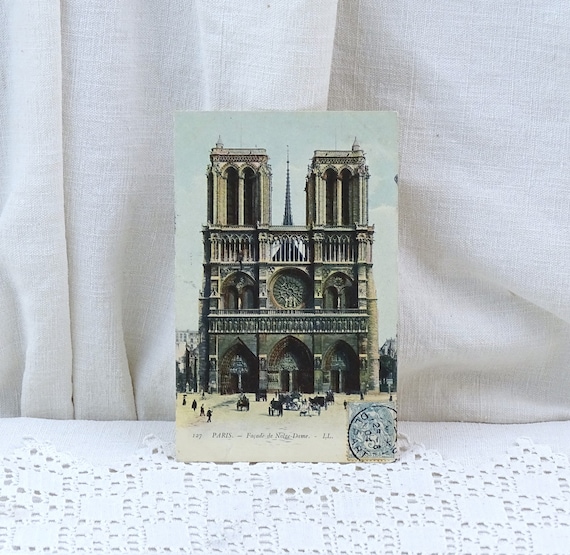 Antique French Colored Black and White Postcard Notre Dame de Paris, Vintage Image Monument Parisian Capital of France, Picture Cathedral