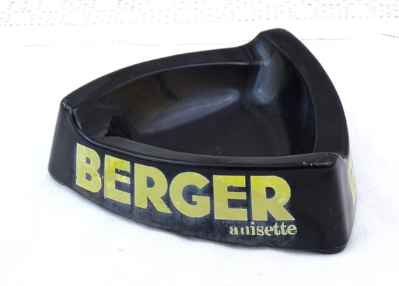 Large Vintage French Berger Anisette Black Milk Glass Cigar Ashtray Worn Yellow Logo, Retro Big Smoking Accessory from France Cote D'Azur