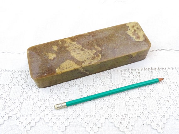 Vintage Rectangular Carved Polished Soap Stone Hinged Lidded Box, Retro Desk Top Pencil Holder, Unusual Unique Stone Jewelry Box