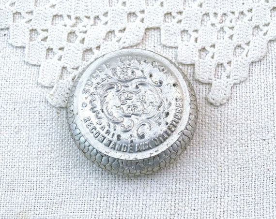 Small Antique French Round Embossed Silver Tone Metal Box Sucre Edulcor, Tiny Vintage Candie Tin From France, Flea Market Home Decor