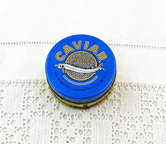 Small Vintage Blue and Gold Metal Caviar Round Printed Tin, Retro Oscietre Fish Egg Metal Container, Brocante Home Decor, Fleamarket Curio