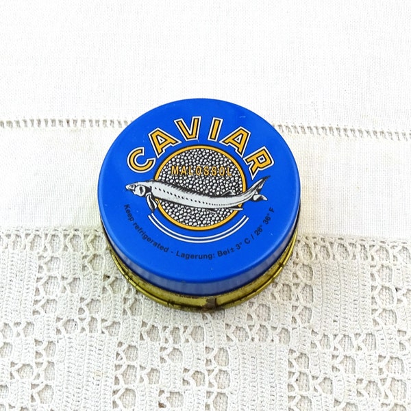 Petite boîte ronde imprimée caviar en métal bleu et doré vintage, récipient en métal oeuf de poisson oscietre rétro, décoration d'intérieur brocante, bibelots de marché aux puces