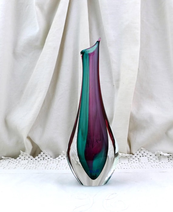 Vintage Artcristal Bohemia Czech Sculptural Magenta Turquoise Clear Encased Glass Vase, Retro Decorative Collectible Statement Piece Europe