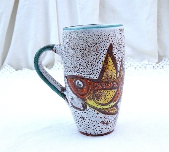 Tall Vintage Mid Century French Vallauris Mug with Hand painted Fish, Retro 1960s Studio Pottery Coffee Cup with Stylized Fish Pattern