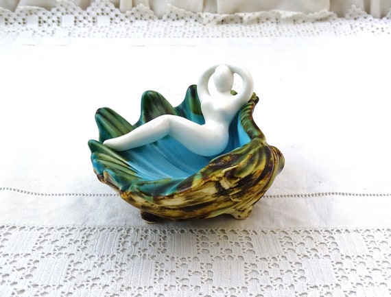 Vintage French Mid Century Vallauris Style Novelty Pottery Ashtray Shaped as a Sea Shell with Relaxing Woman, Fun 1960s Costal Trinket Dish