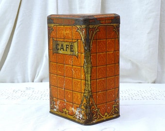 Antique French Art Nouveau Cafe Canister Metal Tin in Orange and Gold, Retro Country Farmhouse Kitchen Decor France, Old Style Cottage Box