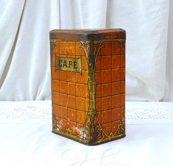 Antique French Art Nouveau Cafe Canister Metal Tin in Orange and Gold, Retro Country Farmhouse Kitchen Decor France, Old Style Cottage Box