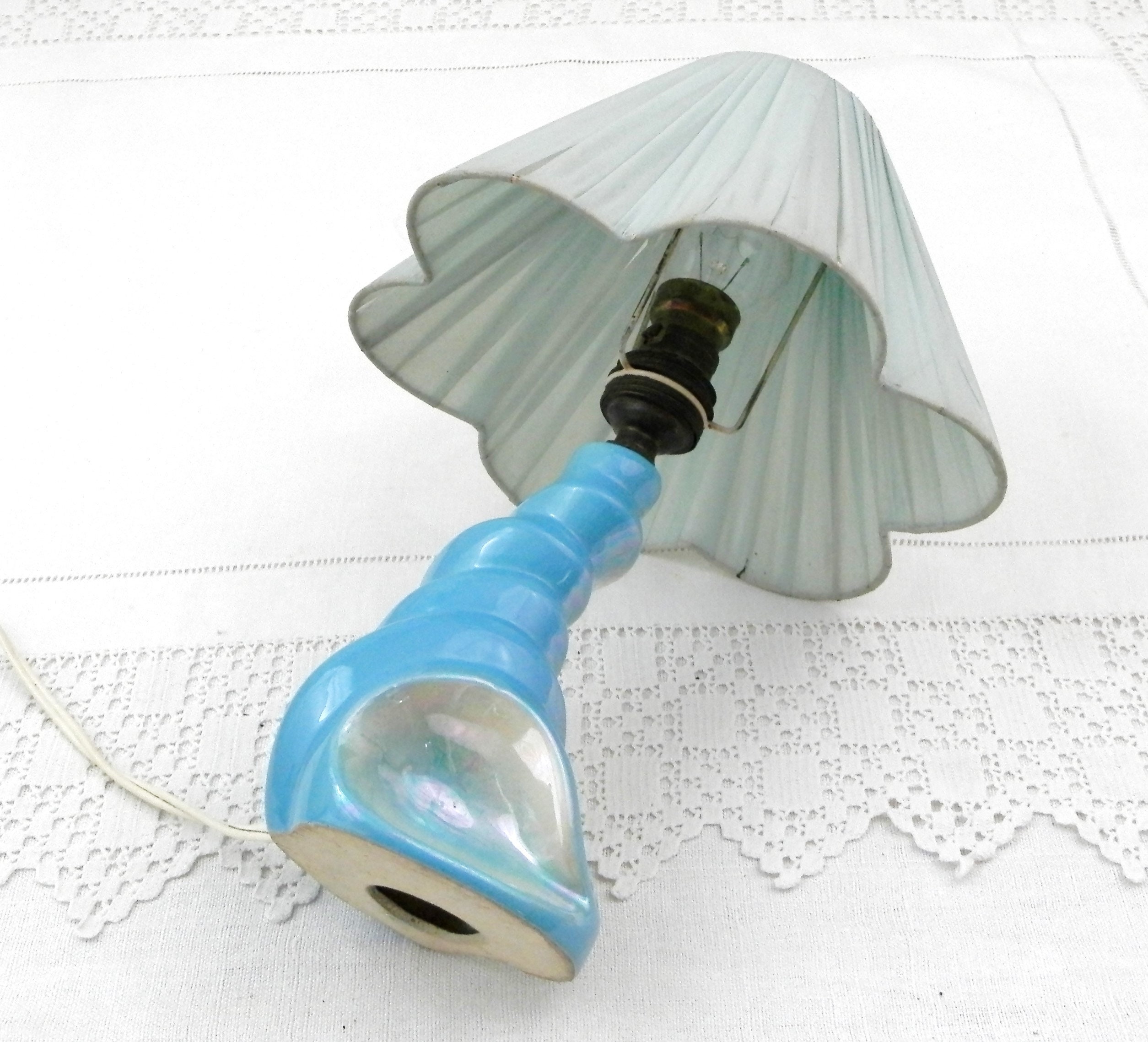 Vintage 1950s Mid Century Blue and White Iridescent Glazed Ceramic