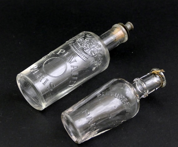 2 Antique French Clear Glass Perfume Bottles With Embossed Lettering and Pattern from Paris, Retro Country Chateau Chic Parisian Decor