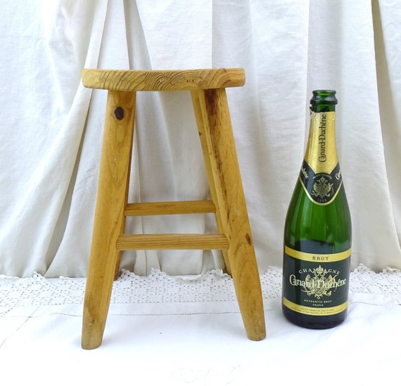 Small Vintage French Pine Wood 4 Legged Stool Brut Unpainted Unvarnished Finish, Retro Wooden Plat Stand from France, Sitting Furniture