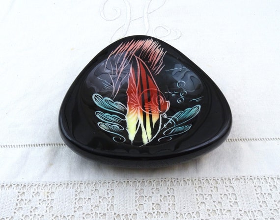 Vintage French Mid Century Black Ceramic Ashtray with Had Painted Fish Pattern, Retro 1950s Smoking Accessory France, Pottery Ring Dish