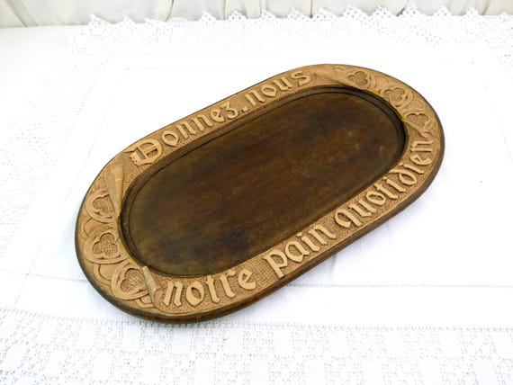 Large Oval Vintage French Carved Wooden Bread Dish with Give Us Our Daily Bread on the Rim, Retro Christian Food Platter of Wood Home Decor