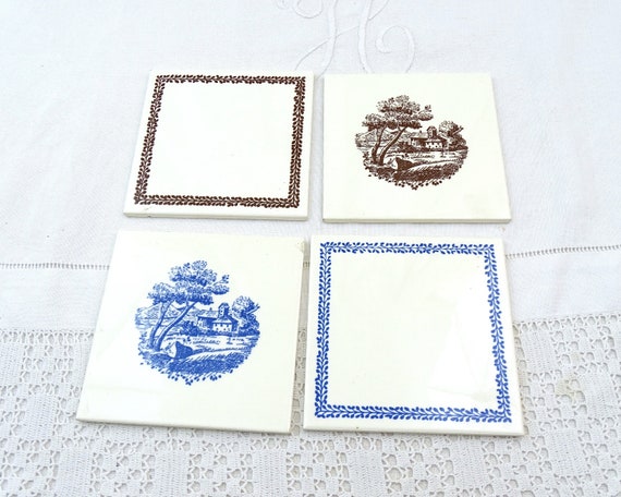 Set of 2Vintage Unused French Cerabati Richard Ginori Chateauroux Delf Style Wall Tiles in White Blue Brown with Country Cottage Decoration