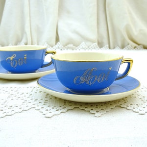 Set of 2 Vintage French German Villeroy et Boch Cup and Saucer Toi et Moi You and Me in Gold on Pale Blue, Retro Romantic Tea Coffee Cup