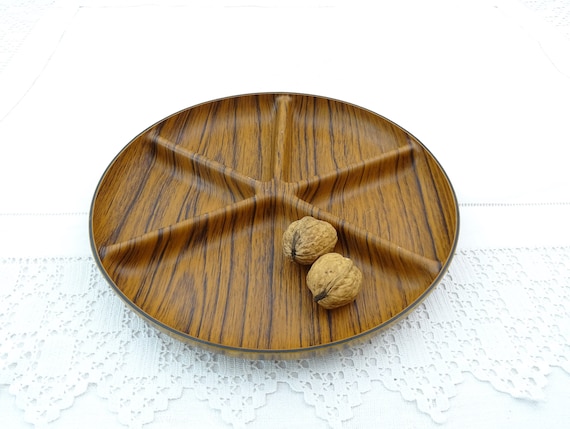 Vintage Mid Century Italian Caleppio Divider Platter in Faux Teak Wood Effect made of Strong Melamine, Retro Divided Plate from Italy