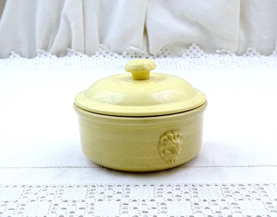 Small Antique French Beige Colored Pottery Confit Pot Foie Gras and Lid with 2 Lion Heads Sarrguemines, Vintage Kitchen Terrine France