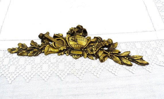 Antique French Gilded Cast Bronze Metal Furniture Pediment Adornment Decoration with Musical Instruments and Laurel Leaves Pattern France