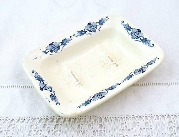 Antique French Rectangular Pottery Soap Dish with Blue Pattern by Longcham, Vintage Ceramic Bathroom Accessory France, Soap Bar Holder