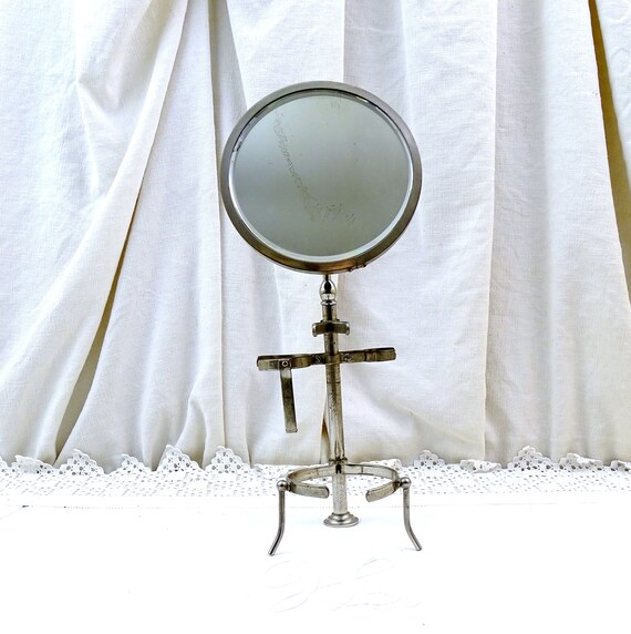 French Antique Shaving Stand with Round Adjustable Mirror, Vintage Bathroom Man's Grooming Accessory from Victorian France, Vanity Stand