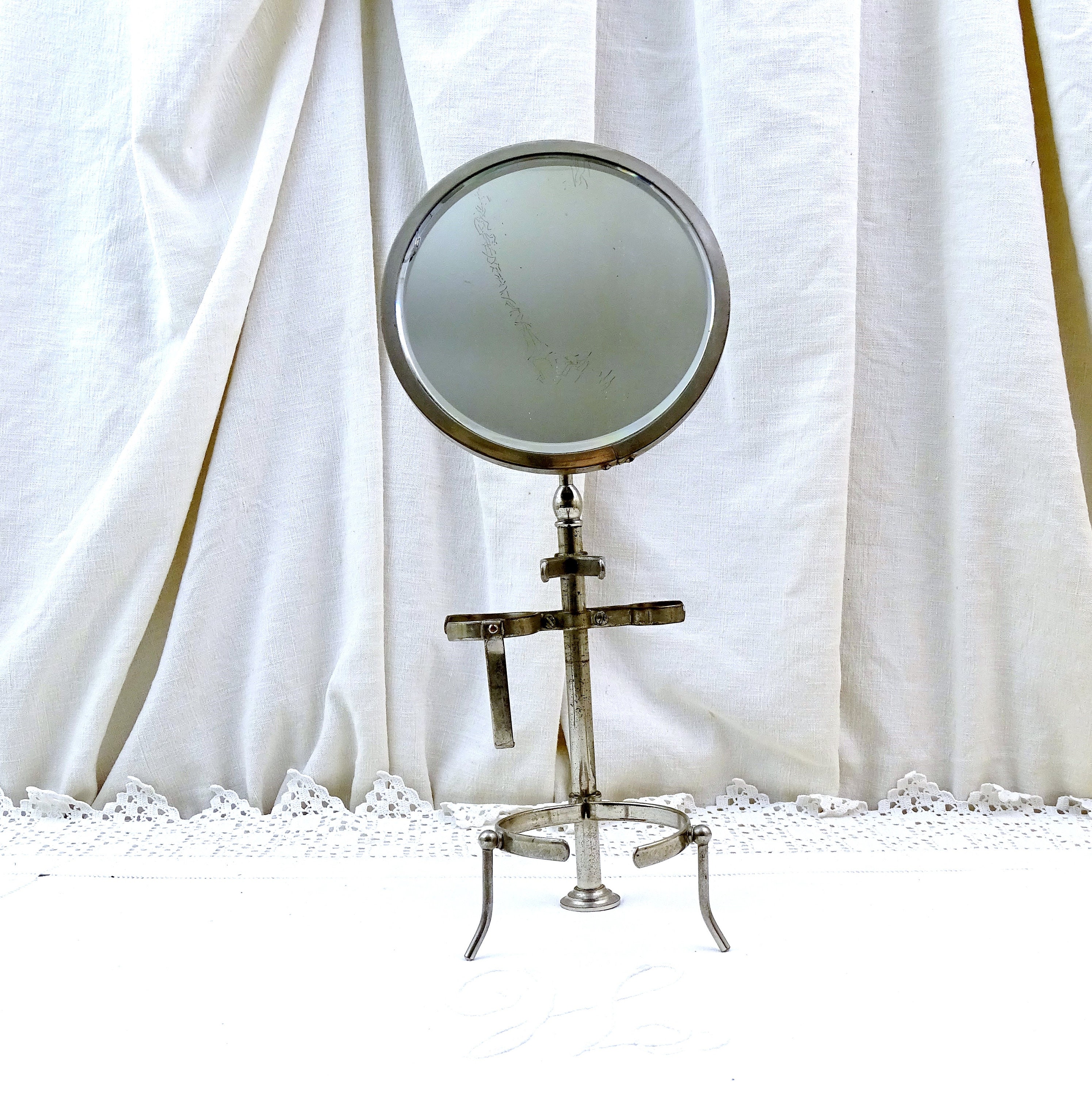 French Antique Shaving Stand with Round Adjustable Mirror, Vintage Bathroom  Man's Grooming Accessory from Victorian France, Vanity Stand
