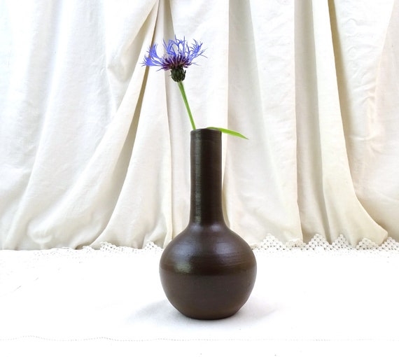 Vintage French Earthenware Minimalist Studio Pottery Bud Vase with Long Neck, Retro Rustic Unglazed Pottery Ornament, Farmhouse Decor