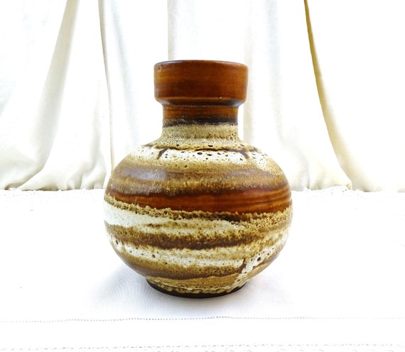 Round Vintage Mid Century West German Table Vase with Brown Striped Fat Lava Glaze by Carstens Tonnieshof for Keramik Model Number 1608 20