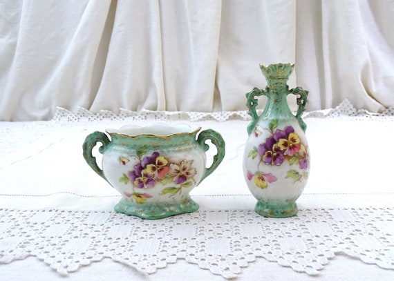 Miniature Set of Antique French Porcelain China Vase and Jardinière with Handpainted Violet Flower Pattern on White and Mint Green Gold