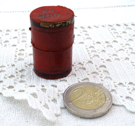 Small Antique French Red Leather Covered Metal Round Box for Gold Coin Storage, Retro Vintage Little Curio Bullion Container from France