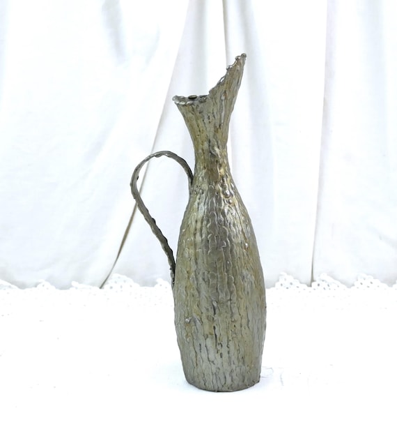 Vintage French Handcrafted Brutalist Metal Pitcher Signed François Lavrat, Retro Modernist Artisan Ewer with Welded Finish Industrial Decor
