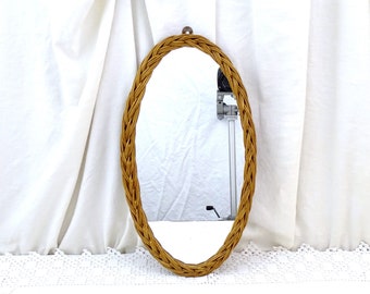 Small Vintage Mid Century Modern Woven Rattan Framed Oval Wall Mirror, Retro 1960s MCM European Little Hanging Wicker Frame Looking Glass