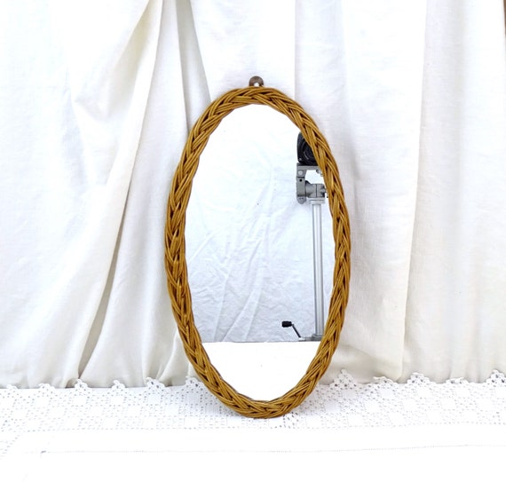 Small Vintage Mid Century Modern Woven Rattan Framed Oval Wall Mirror, Retro 1960s MCM European Little Hanging Wicker Frame Looking Glass